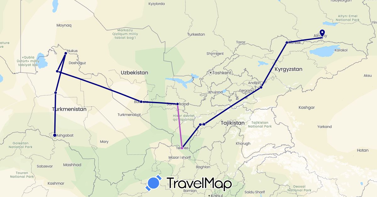 TravelMap itinerary: driving, train in Kyrgyzstan, Kazakhstan, Tajikistan, Turkmenistan, Uzbekistan (Asia)