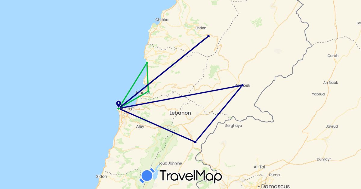 TravelMap itinerary: driving, bus in Lebanon (Asia)